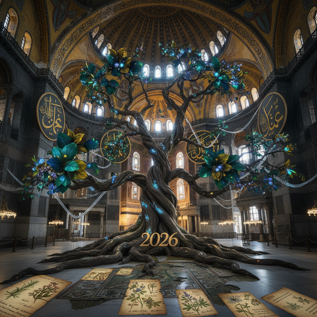 2026'ya uzanan botanik sırları keşfedin: Ayasofya'daki mistik bitkisel motifler ve şifa bahçelerinin detaylı bir görseli. Tarihi doku ve doğal güzelliklerin büyüleyici birleşimi.