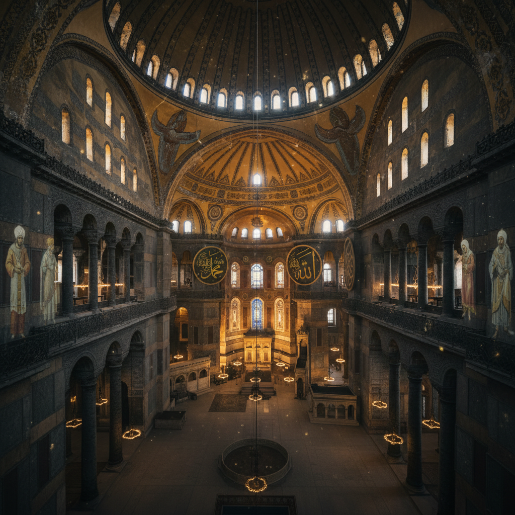 تصویری هنری از فضای داخلی ایاصوفیه با تاکید بر معماری باشکوه و نورپردازی خاص، نشاندهنده پژواکهای صوتی باستانی و اسرار آکوستیک ایاصوفیه در سال 2026. این تصویر به موضوع 'صدای مسافران ایاصوفیه: پژواکهای هزار ساله و اسرار آکوستیک سال 2026' اشاره دارد.