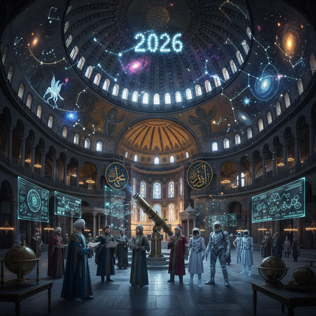 Ayasofya'daki gökbilimle ilgili sırlar, mozaiklerdeki yıldız sembolleri ve 2026 yılındaki bilimsel keşiflerle olan evrensel bağlantıları gösteren detaylı bir görsel.