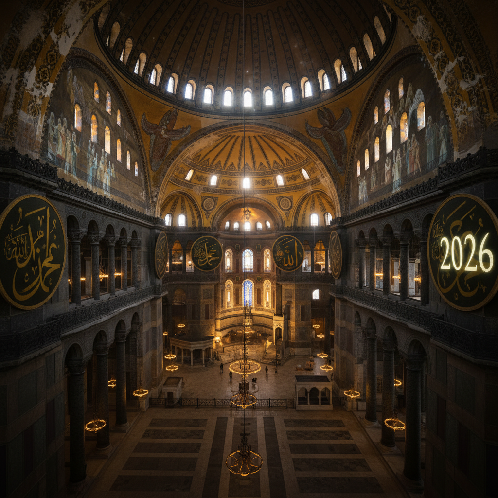 تصویری از نمای داخلی ایاصوفیه با نورپردازی مرموز، نشاندهنده اسرار باستانی و پیشگوییهای مربوط به آینده در سال 2026. طاقها و نقاشیهای دیواری باستانی زیر نور پردازی، تاریخ و داستانهای پنهان ایاصوفیه را در قلب استانبول بازگو میکنند.