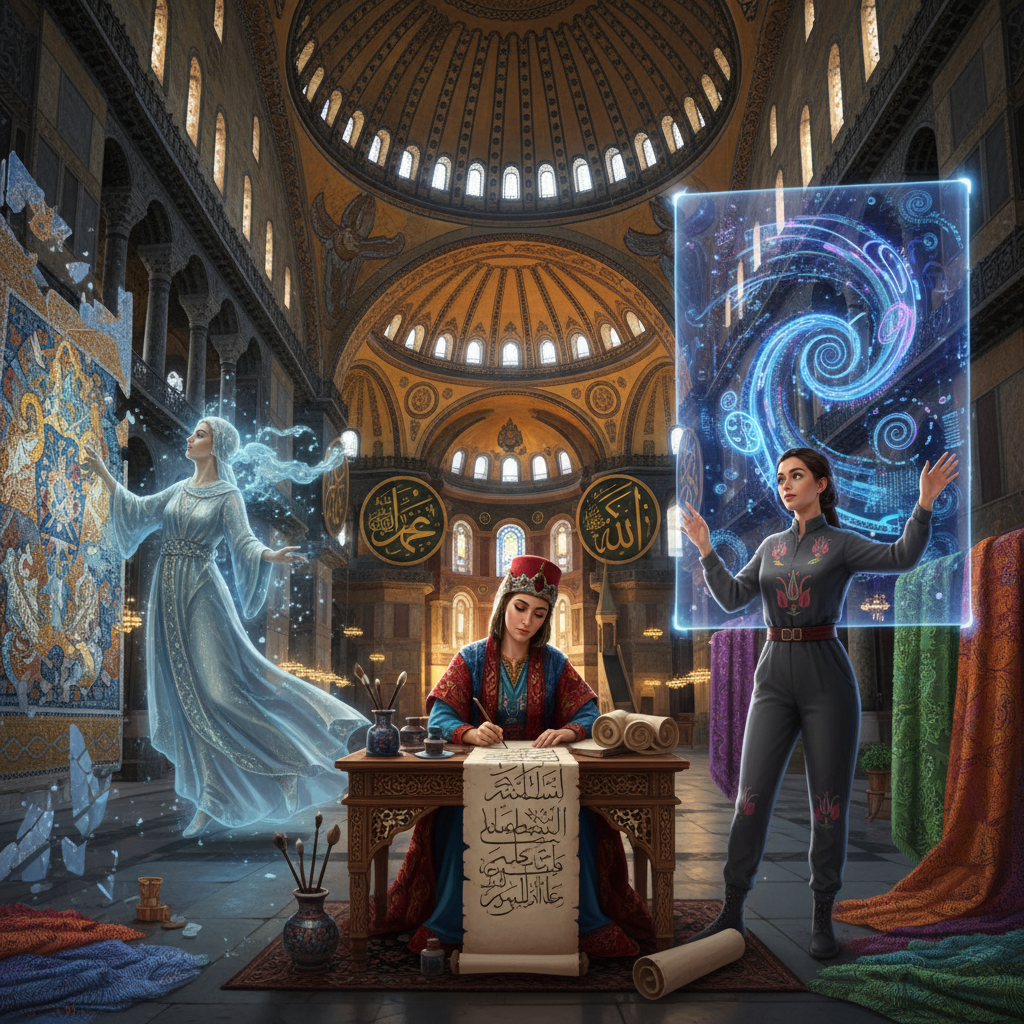 2026 yılına ait, Ayasofya'da geometrik desenler ve sembollerle gizlenmiş, evrensel dili anlatan tarihi içerikli bir görsel, Ayasofya gizli şifrelerini vurguluyor.