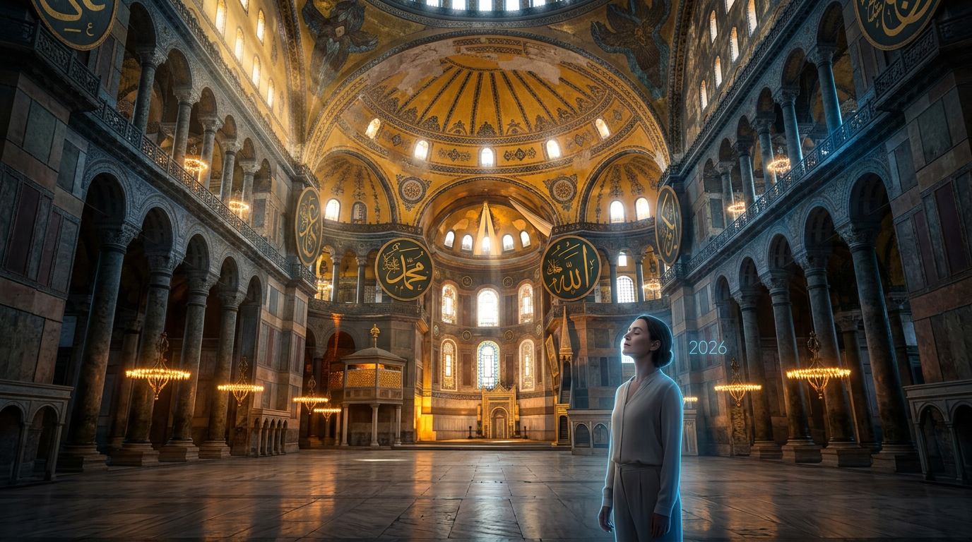 Ayasofya'nın 2026'daki çok katmanlı kimlikleri, tarihi derinliği ve kutsal yolculuğunu gözler önüne seren çarpıcı bir görsel.