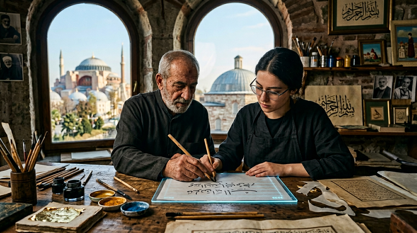 Ayasofya'nın tarihi dokusunda, 2026 yılına özel Ayasofya el sanatları ustalarının yüzyıllık mirasını sergileyen detaylı bir kare.