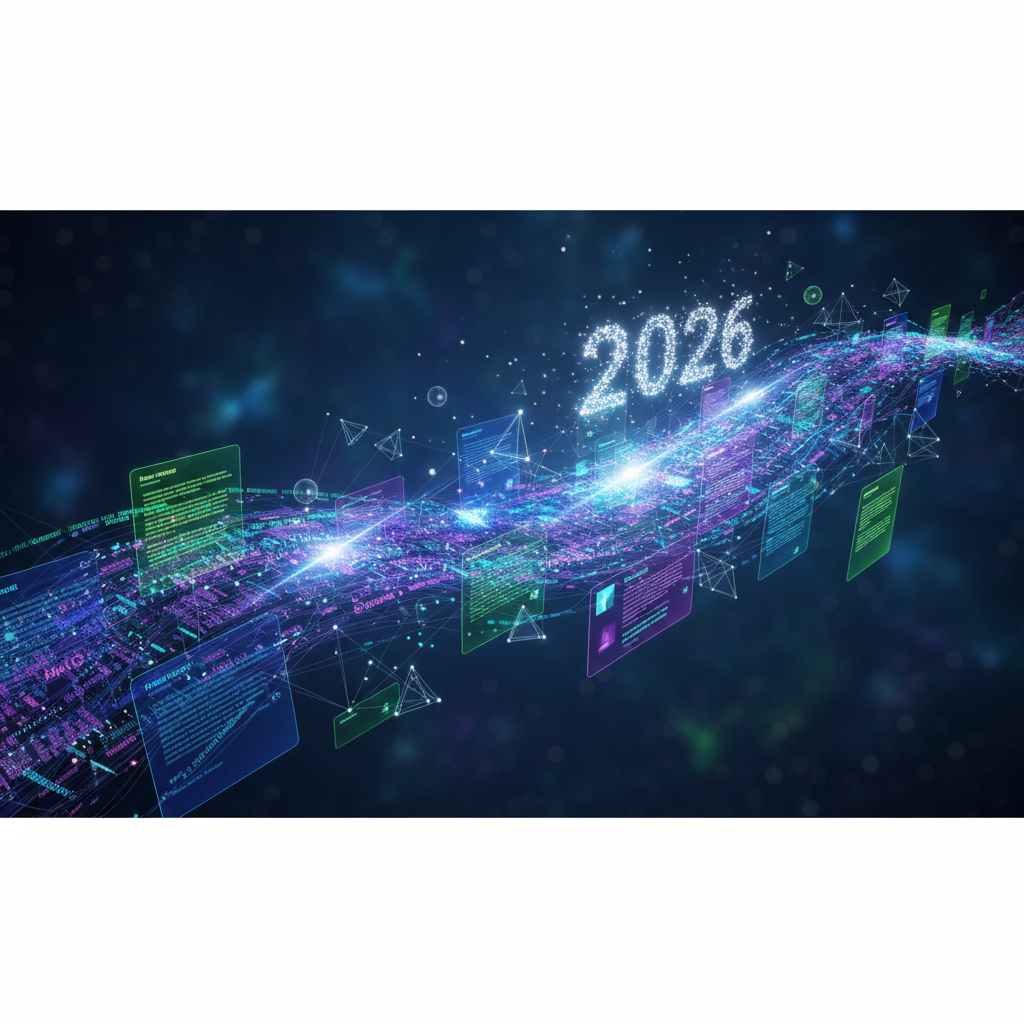 2026 yılında SEO başarısı için yapay zeka destekli içerik üretiminin yükselen trendlerini anlatan görsel. Yapay zeka ikonları ve içerik oluşturma araçları öne çıkıyor.