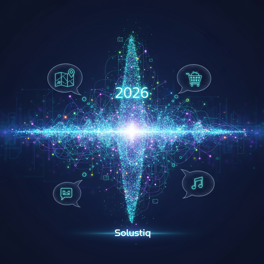 2026'da yapay zeka destekli sesli arama optimizasyonu ile Solustiq'in dijital dünyada işletmelere nasıl yol gösterdiğini gösteren görsel. Sesli arama SEO stratejileri ve geleceğin arama trendleri vurgulanıyor.