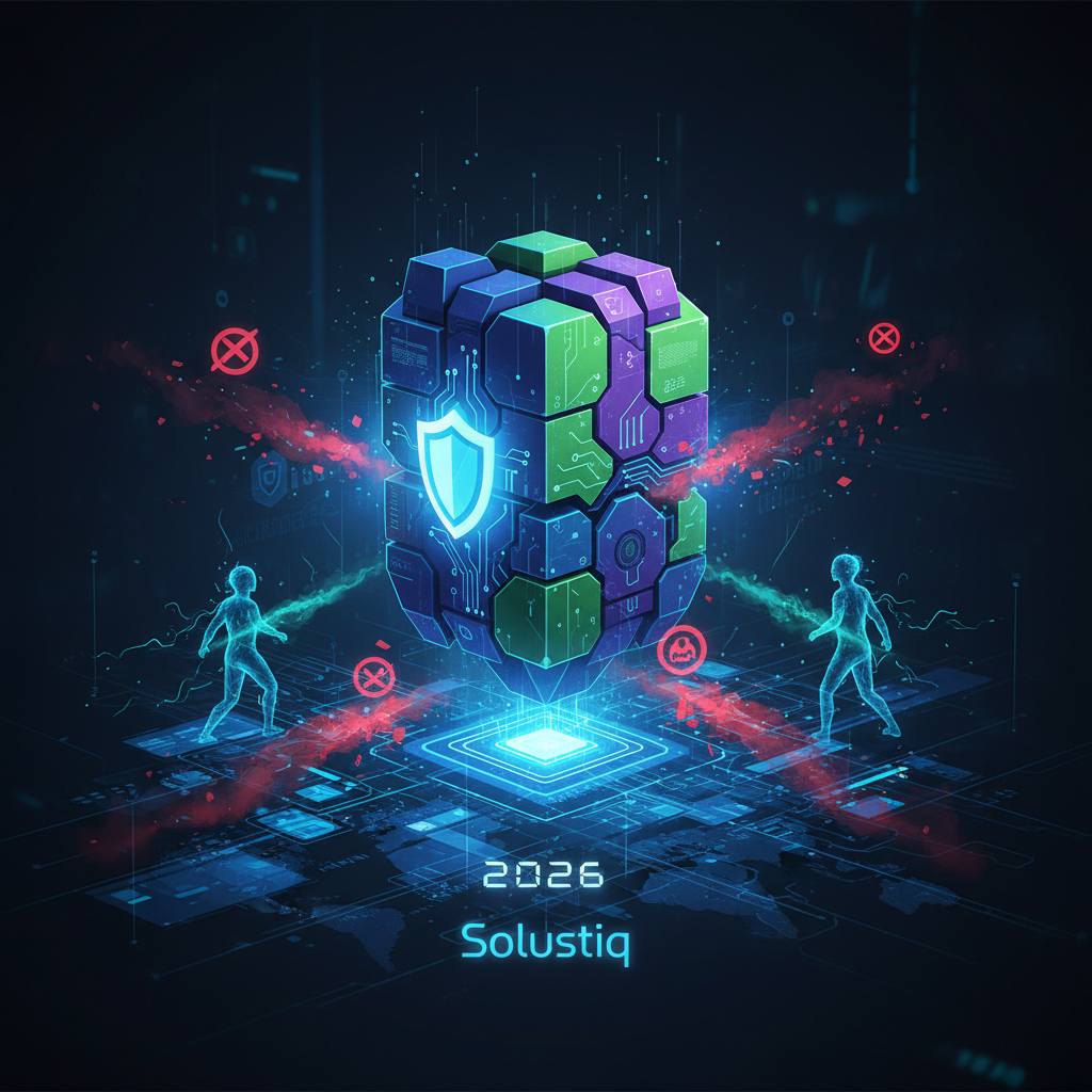 Advanced web security powered by AI in 2026, featuring Solustiq's comprehensive defense strategies against emerging cyber threats. A visual representation of artificial intelligence safeguarding digital assets and online platforms.