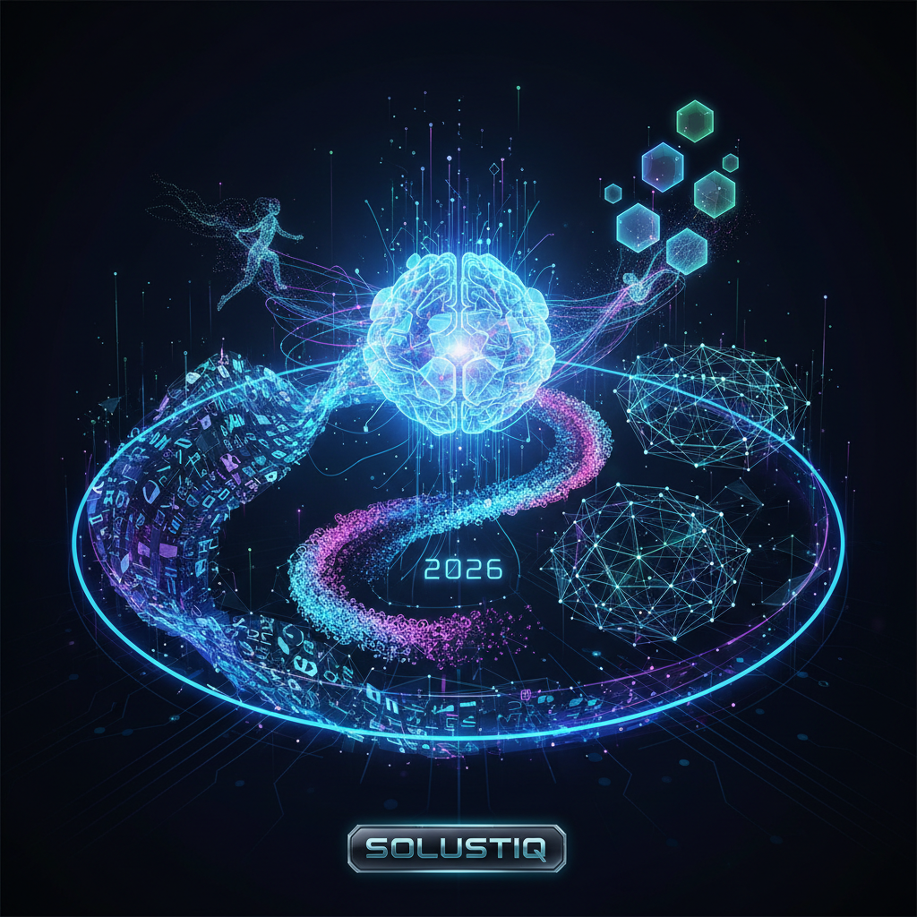 2026 yılında yapay zeka destekli içerik pazarlaması stratejileriyle SEO başarısını gösteren modern bir grafik. Solustiq'in yenilikçi yaklaşımı, veri analizi ve içerik optimizasyonuyla dijital dönüşümü vurguluyor.