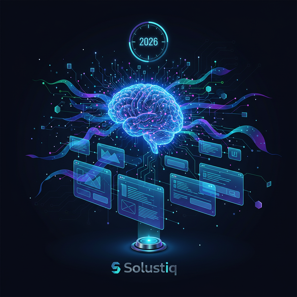 2026'da yapay zeka destekli web geliştirme süreci: Solustiq ile daha hızlı ve verimli proje yönetimini gösteren grafik. Yapay zeka web geliştirme alanındaki yenilikleri vurguluyor.
