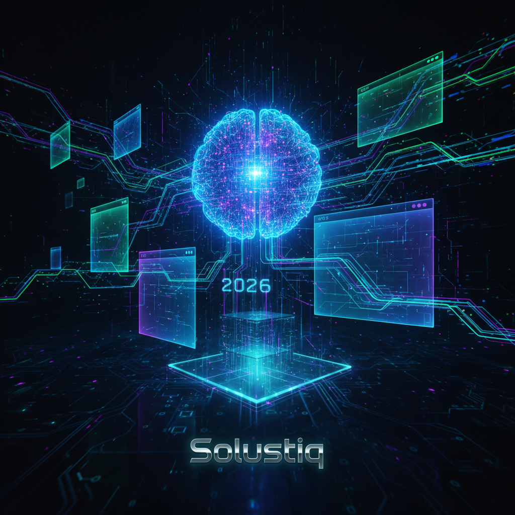 2026'da yapay zeka destekli SEO ile optimize edilmiş web sitesi mimarisi ve iç bağlantı stratejilerini gösteren grafik. Makine öğrenimi algoritmaları, kullanıcı deneyimi ve arama motoru sıralamaları için Solustiq amblemiyle birlikte gelişmiş site haritaları ve bağlantıları analiz ediyor. Yapay zeka web mimarisi