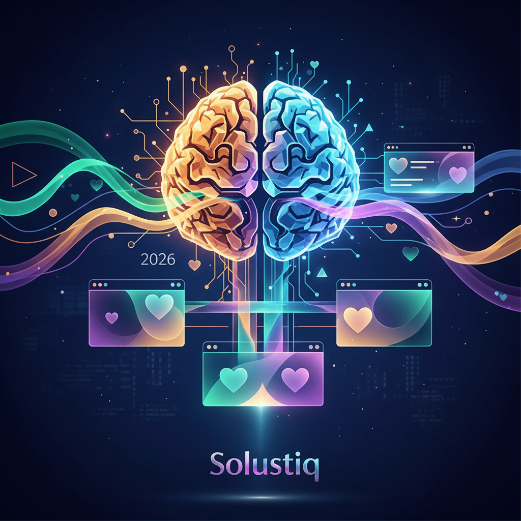 2026'da Solustiq'in yapay zeka destekli insan merkezli stratejileriyle web sitelerinde duygusal zeka SEO kullanımını gösteren grafik. Duygusal zeka SEO'nun geleceği.