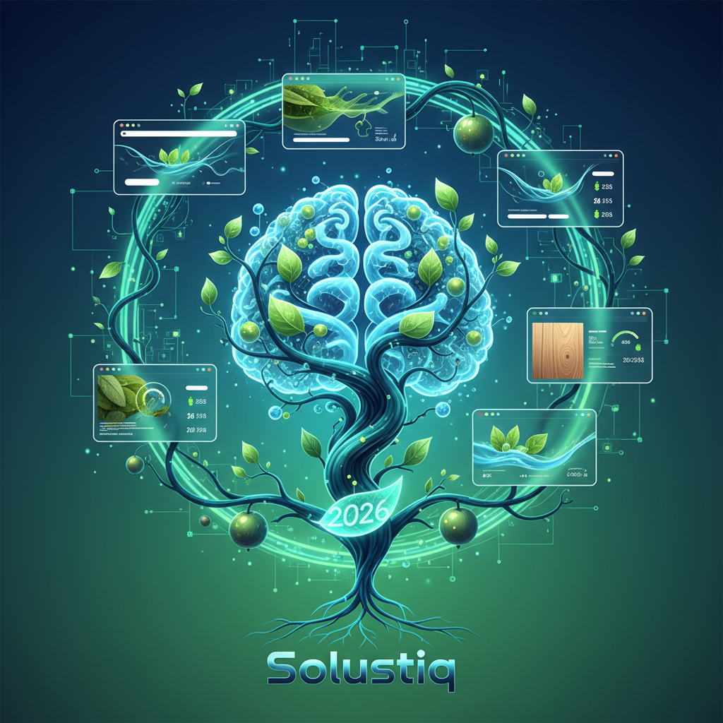 2026'da yapay zeka destekli sürdürülebilir web tasarımını gösteren görsel. Solustiq, yeşil dijital çözümlerle kullanıcı dostu ve çevre dostu web siteleri geliştiriyor. AI ve sürdürülebilirlik, web tasarımında geleceği şekillendiriyor.