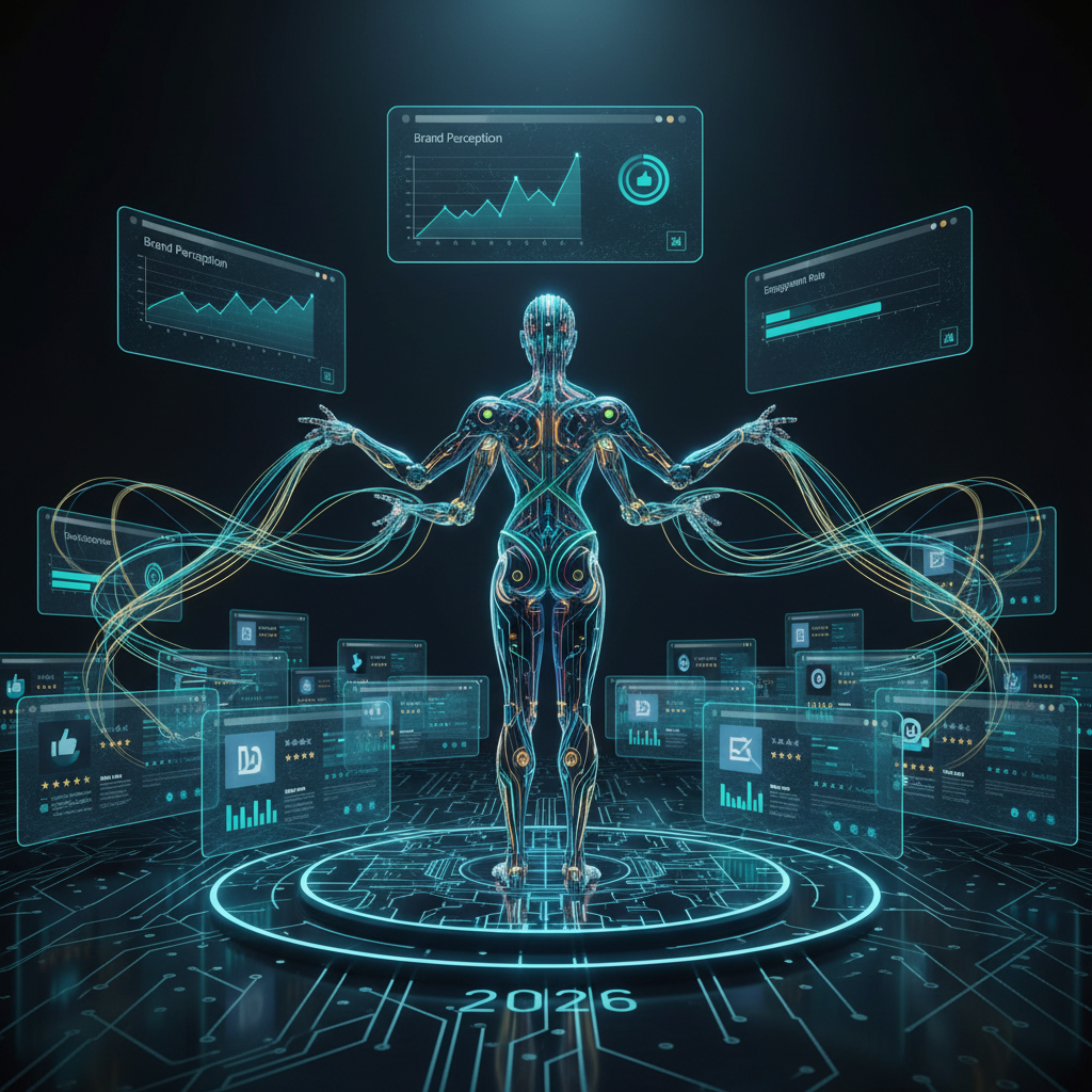 2026'da yapay zeka destekli SEO ile web sitelerinde marka algısı ve itibar yönetimi üzerine bir infografik. Görselde AI sembolleri, SEO anahtar kelimeleri ve itibar yönetimi grafikleri bulunuyor. Özellikle yapay zeka itibar yönetimi vurgulanıyor.