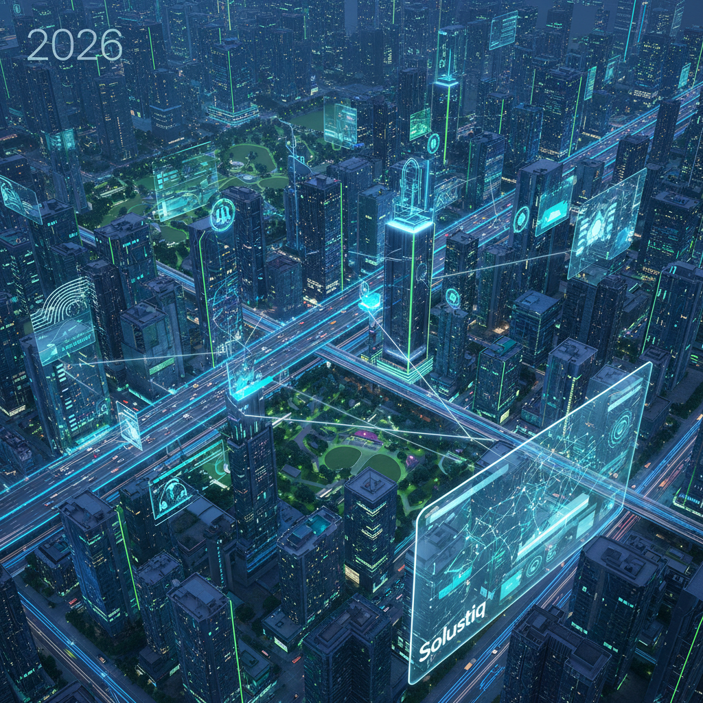Solustiq's vision for AI-powered web applications in smart cities 2026, showcasing modern urban transformation with integrated digital solutions.