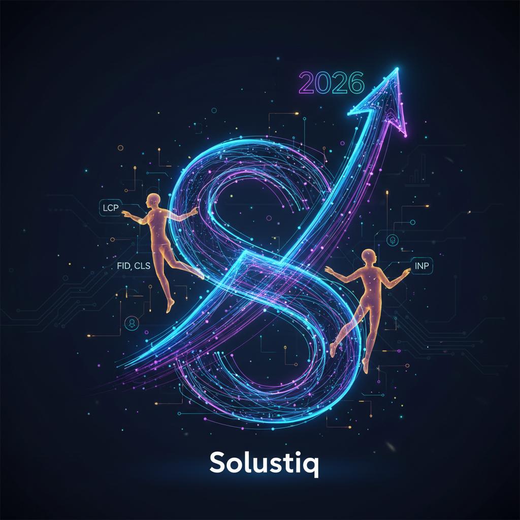 2026'da çekirdek web verileri ve kullanıcı odaklı SEO yaklaşımlarını gösteren bir infografik. Solustiq logosu, başarı oranları ve iyileştirme stratejileri vurgulanıyor. Web performansı ve kullanıcı deneyimi için anahtar metrikler görselleştirilmiş.