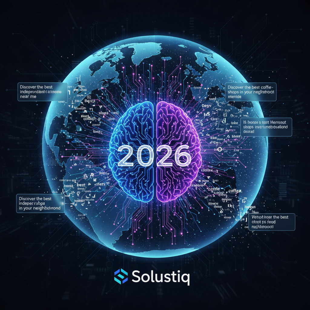 Visual representation of AI-powered SEO in 2026, showcasing Google RankBrain and BERT optimization. The image highlights Solustiq's expertise in semantic search, with interconnected nodes and data streams illustrating advanced AI algorithms analyzing content for search engine ranking.
