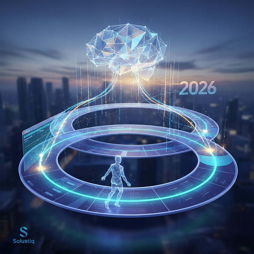 Visual representation of how AI-powered SEO optimizes the user journey on websites in 2026, featuring a seamless experience guide from Solustiq. Demonstrates improved navigation, personalized content, and enhanced user engagement through artificial intelligence for a superior user experience.