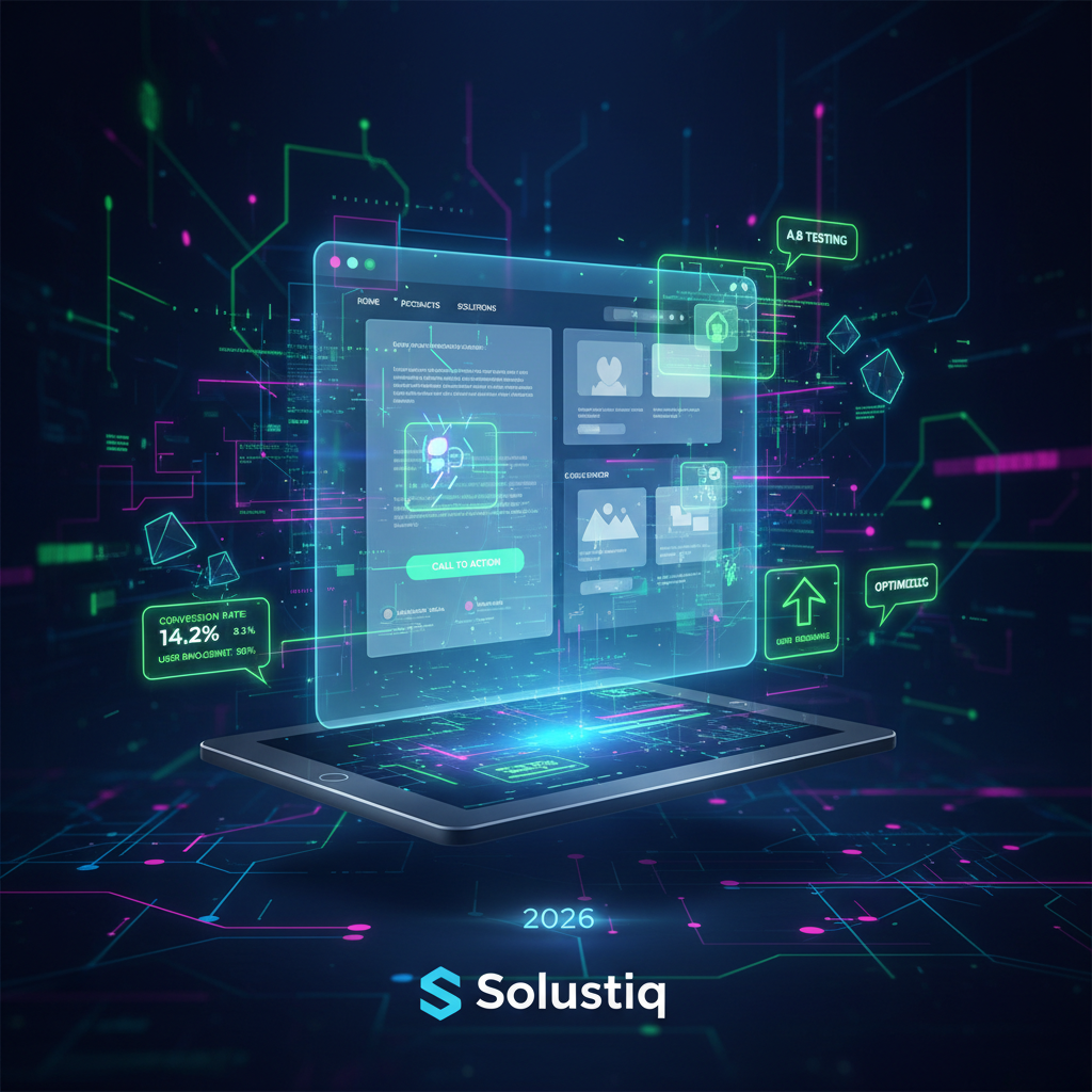 Visual representation of AI-powered SEO instantly optimizing conversion rates on websites in 2026, showcasing Solustiq's real-time approaches to artificial intelligence conversion optimization.