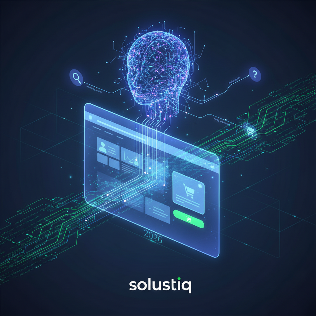 2026'da Solustiq ile yapay zeka destekli web tasarımında kullanıcı niyeti analizini gösteren illüstrasyon, ziyaretçi davranışlarının derinlemesine anlaşılmasını vurguluyor.