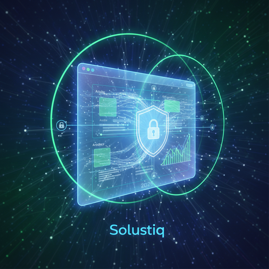 2026'da Solustiq'in yapay zeka destekli SEO ile etik ve güvenli veri monetizasyonu yöntemlerini detaylandıran bir infografik. Web siteleri için sorumlu veri gelir elde etme stratejileri vurgulanıyor.