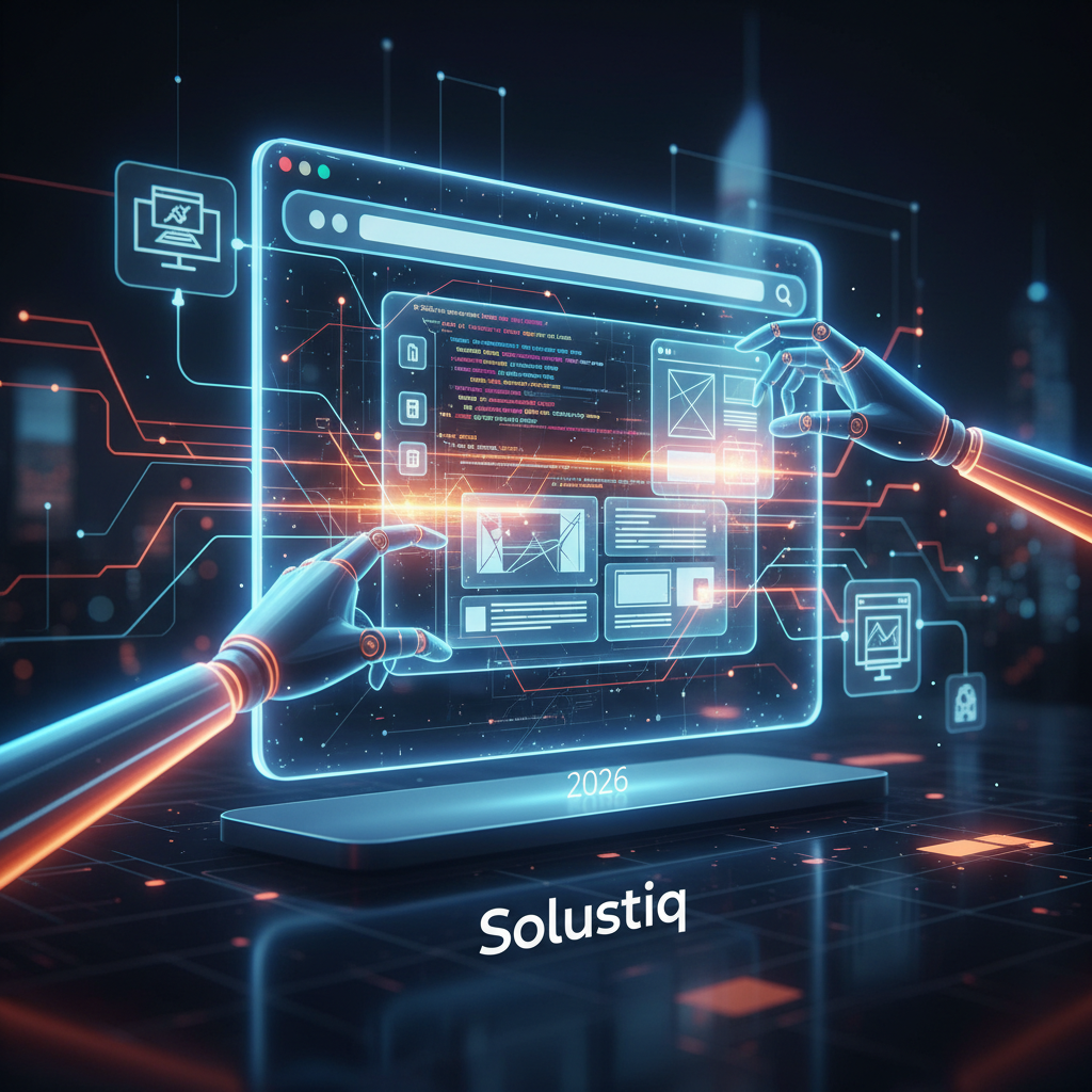 2026 yılında Solustiq ile yapay zeka destekli web geliştirme süreci otomasyonu ve hızlanması grafiği. Bu görsel, modern web geliştirme trendlerini ve YZ'nin rolünü detaylıca sergilemektedir.