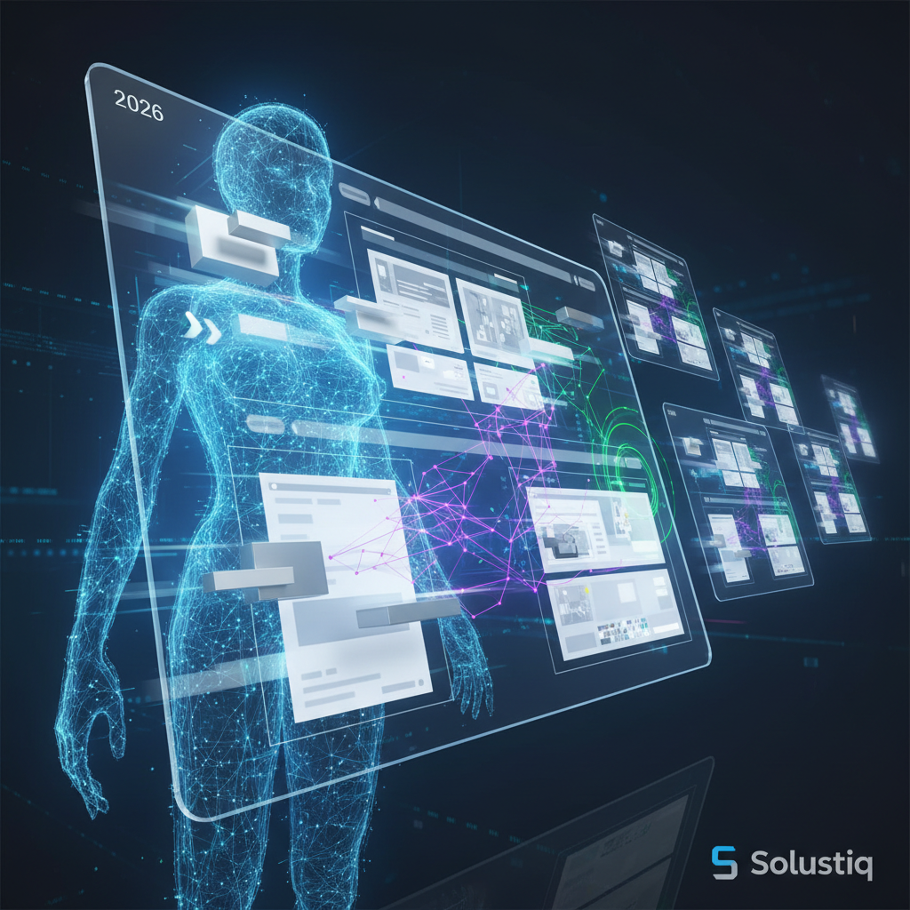 Visualizing low-code AI web design in 2026, showcasing Solustiq's rapid prototyping and scaling strategies for intelligent websites, featuring intuitive interfaces and AI-powered automation.