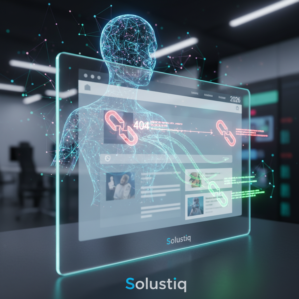 2026 yılında Solustiq'in yapay zeka destekli kırık bağlantı tespiti ve otomatik onarım çözümleri, kesintisiz web deneyimi sunarak SEO performansını artırıyor. Görselde web sitelerinin sağlığı ve yapay zeka ile otomatik link düzeltmeler vurgulanıyor.