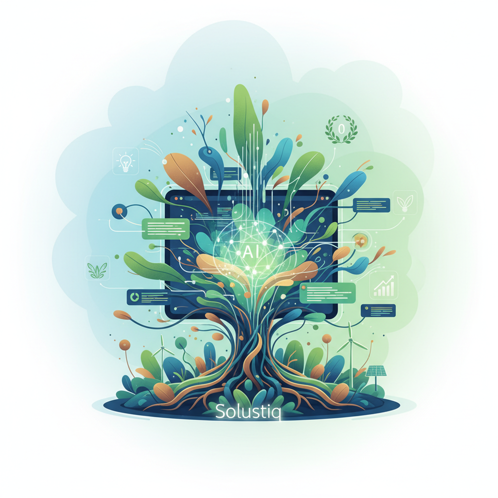 AI-powered website showcasing sustainable web design principles, including energy-efficient layouts and green hosting, aligning with Solustiq's eco-friendly approaches for 2026, focusing on green web design.