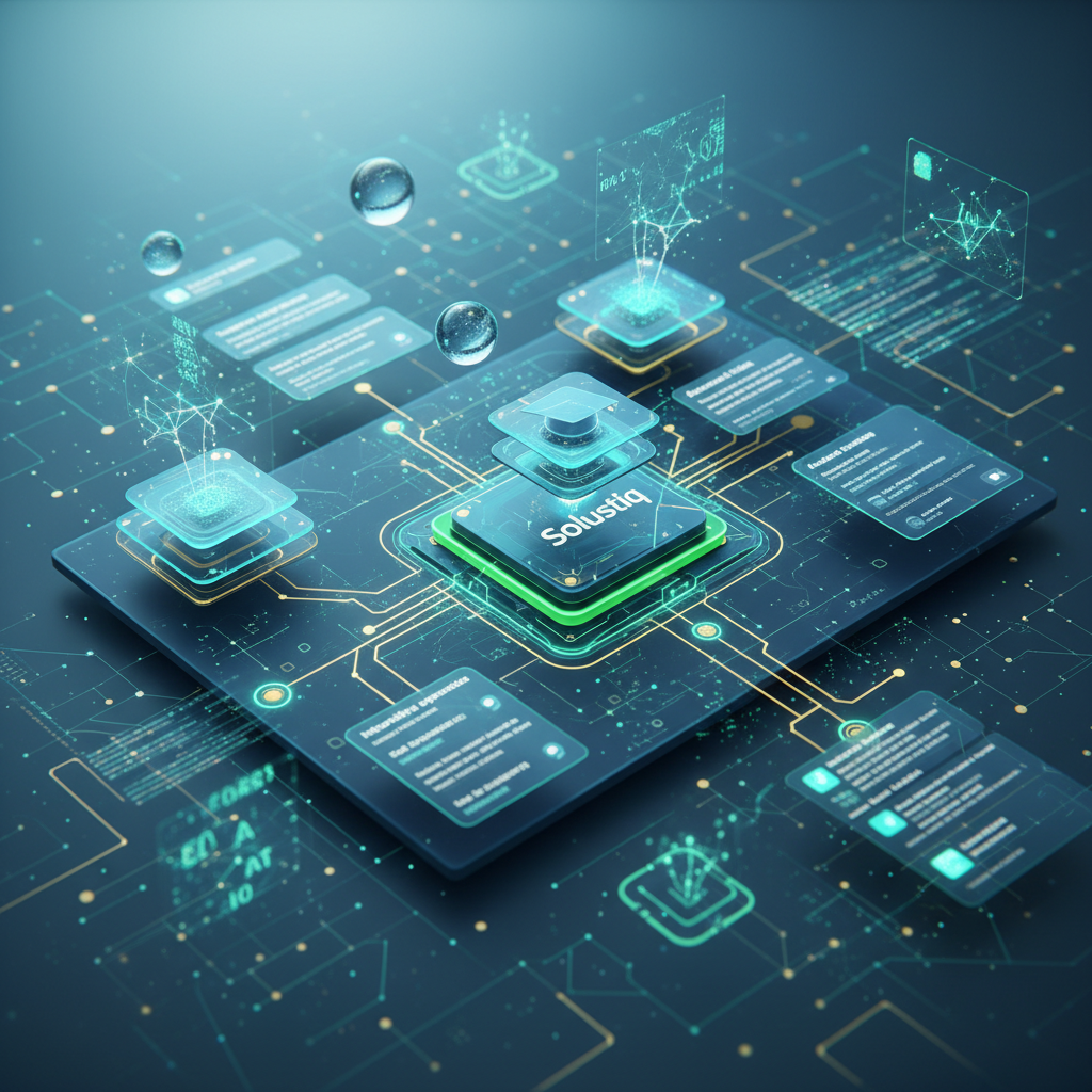 Visualizing interactive education experiences on websites through AI-powered SEO in 2026, showcasing Solustiq's transformative learning approaches. The image depicts a futuristic website interface with AI elements enhancing educational content, emphasizing the integration of artificial intelligence and web-based learning.