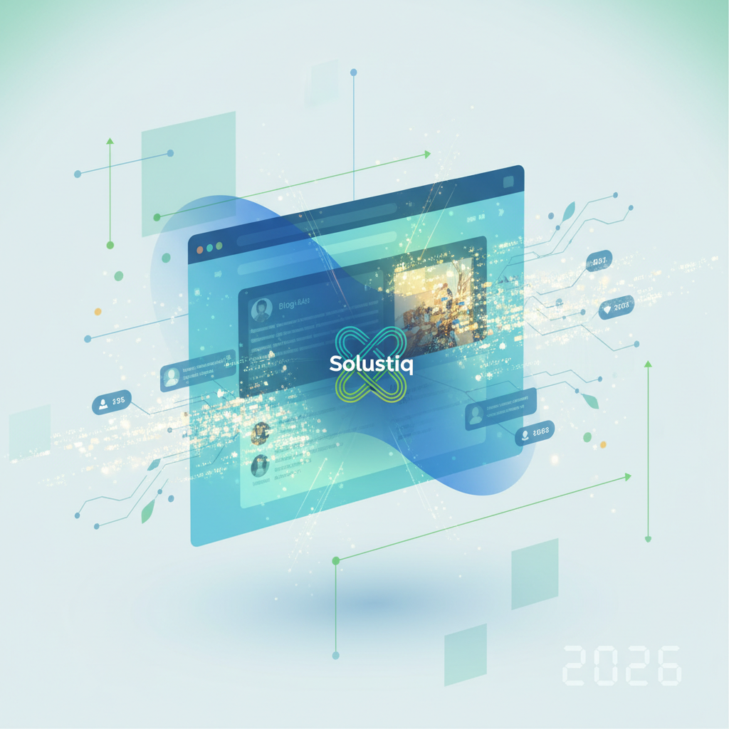 Visual representation of AI-powered SEO in 2026, showing adaptive social proof and trust-building on websites, with Solustiq's reputation management. AI assists in leveraging social signals to enhance online credibility and user confidence.