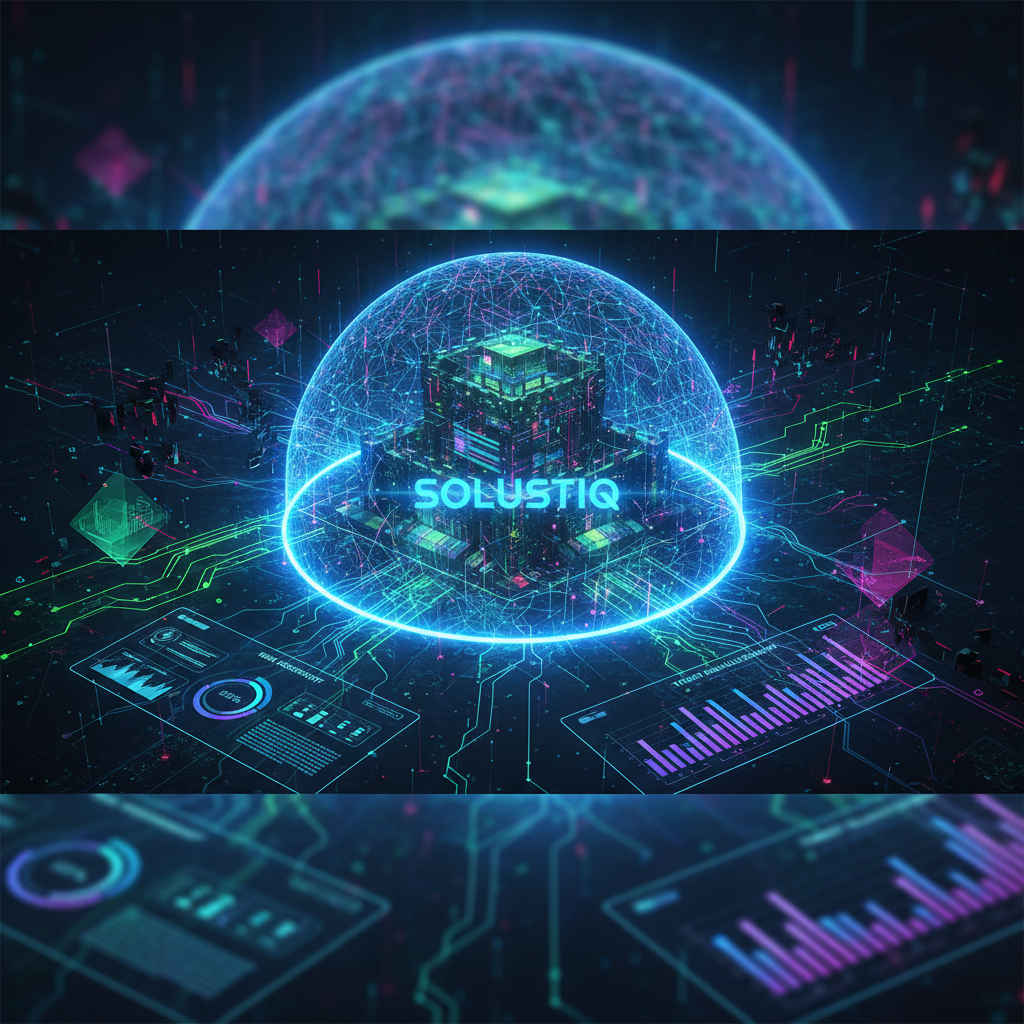 Visualizing Solustiq's proactive cybersecurity with AI-powered SEO for 2026. A stylized AI brain protects a website from digital threats, representing cyber risk management and crisis prevention strategies.