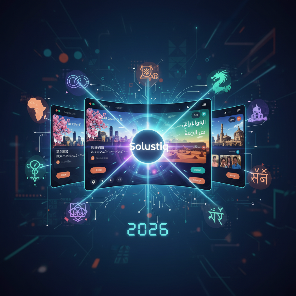 A diverse global team collaborates on AI-powered websites, showcasing unlimited language and cultural adaptation. Solustiq's 2026 global reach strategies are depicted with interconnected world map graphics and various digital devices, emphasizing seamless localization and inclusive user experiences.