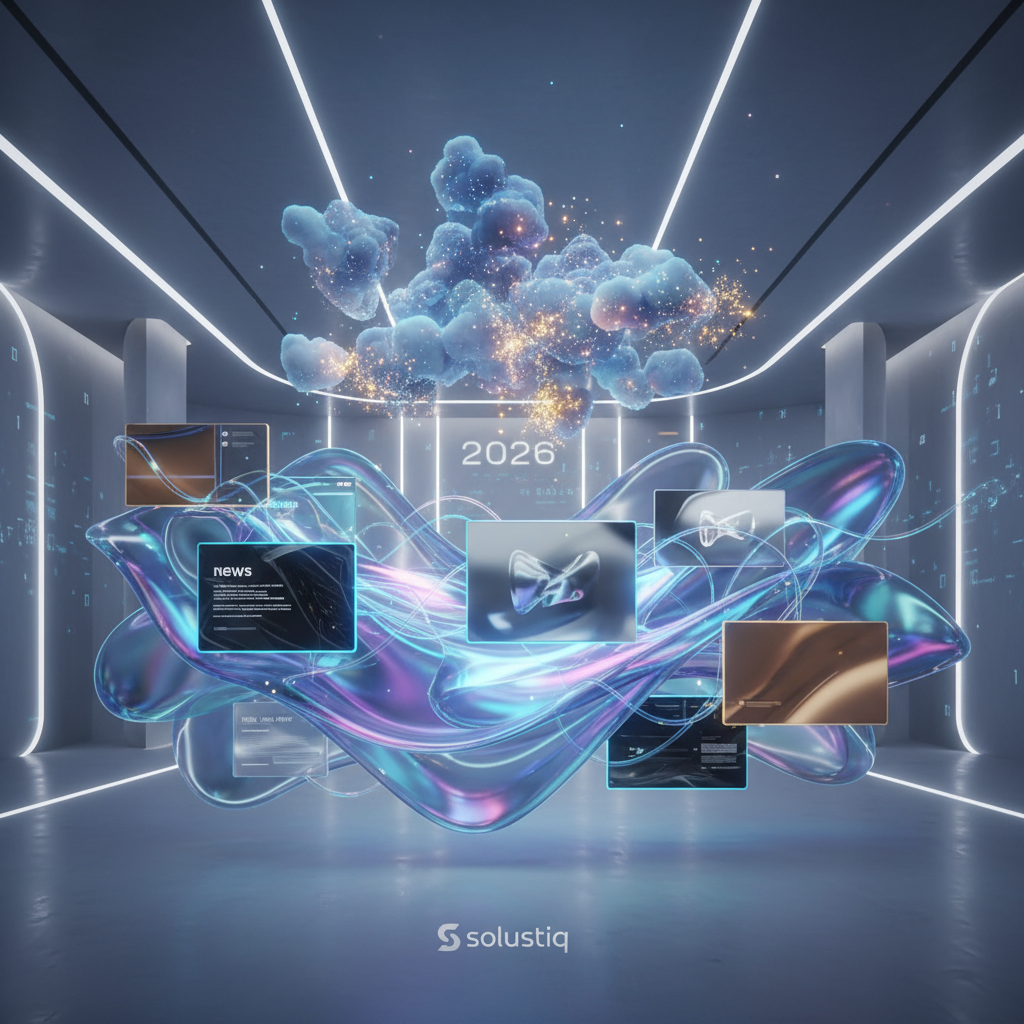 2026'da yapay zeka destekli web sitelerinde ziyaretçi deneyimini önceden modelleme. Solustiq'in geleceğe yönelik, kişiselleştirilmiş kullanıcı deneyimi sunan yapay zeka destekli web tasarımı vizyonunu yansıtan grafik.