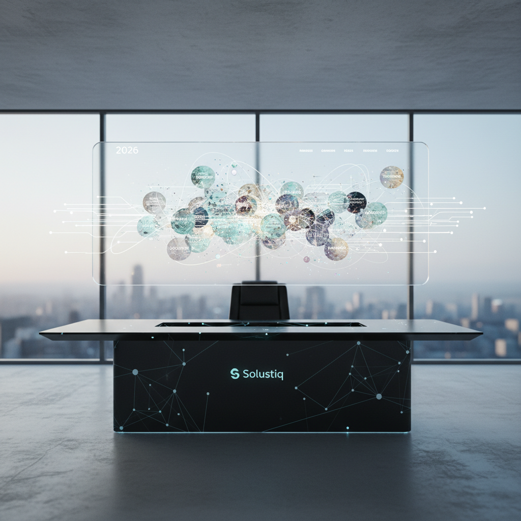 2026'da Solustiq'in uzmanlığıyla web siteleri için yapay zeka destekli semantik içerik ağları oluşturan, karmaşık bilgi mimarisini gösteren şematik bir diyagram. Görselde yapay zeka entegrasyonu ve SEO faydaları vurgulanmıştır.
