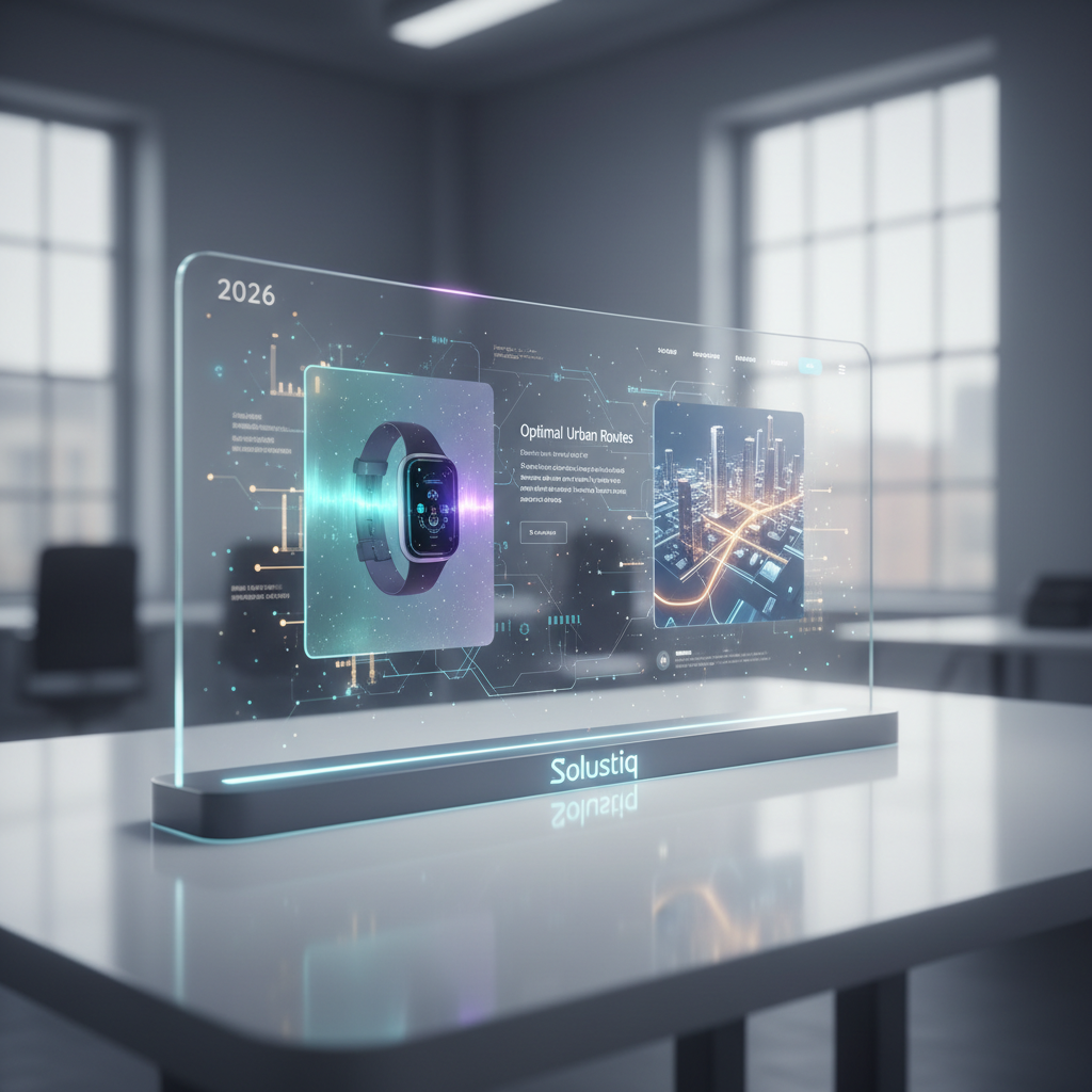 2026'da Solustiq'in yapay zeka destekli SEO ile web sitelerinde gelişmiş artırılmış veri analitiği ve öngörüsel raporlama yöntemlerini gösteren karmaşık bir grafik, gelecek vizyonunu vurguluyor.