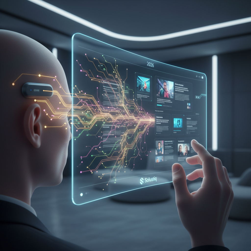 2026'da Solustiq'in yapay zeka destekli web sitelerinde beyin-bilgisayar arayüzü (BCI) entegrasyonuyla düşünce kontrollü kullanıcı deneyimleri sunması. BCI entegrasyonu web sitesi, nöroteknoloji ve SEO'nun kesişimi.