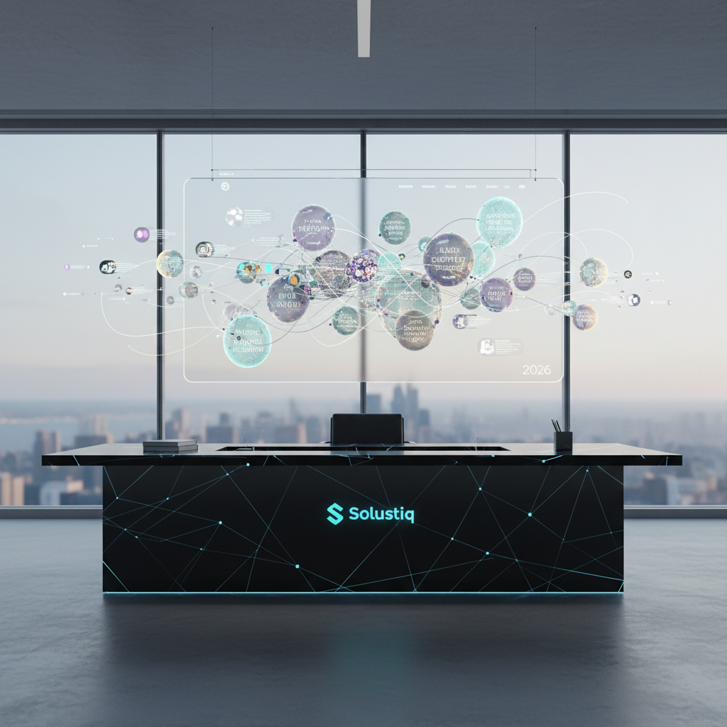 2026 Solustiq yapay zeka destekli web sitesi hiper-dinamik navigasyon ve site haritası optimizasyonu, sezgisel keşif yaklaşımları gösteren grafik.