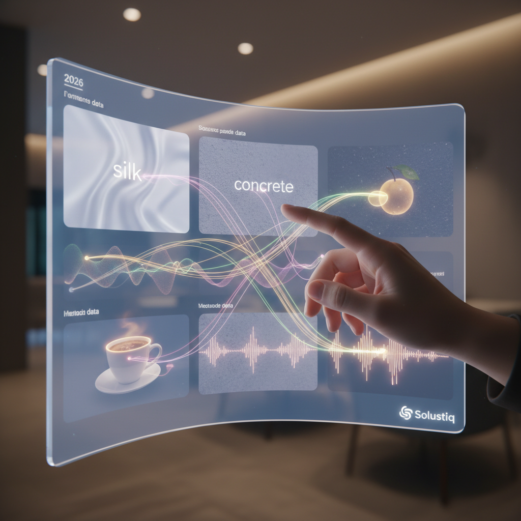 2026 yılında yapay zeka destekli web sitelerinde zeki algısal işlemeyi ve çok modlu arama optimizasyonunu gösteren karmaşık dijital ağları ve veri akışlarını temsil eden soyut görsel. Solustiq'in duyu odaklı yaklaşımlarını vurgular.