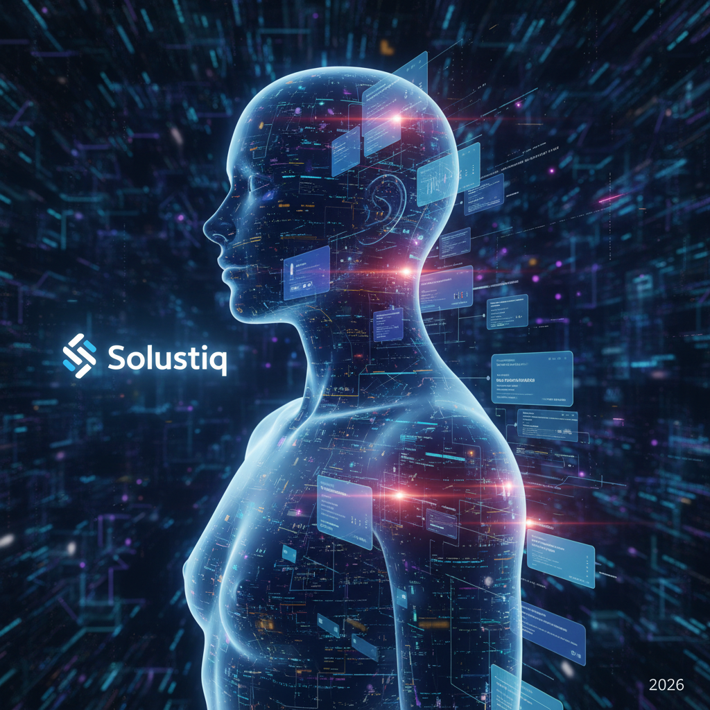 2026'da YZ destekli web sitelerinde ziyaretçi deneyimini optimize etmek için Solustiq'in tahmine dayalı yapay zeka kişiselleştirme çözümlerini gösteren bir grafik. Web sitesi etkileşimini ve verimliliğini artıran algoritmalar ve kullanıcı arayüzleri vurgulanmaktadır.