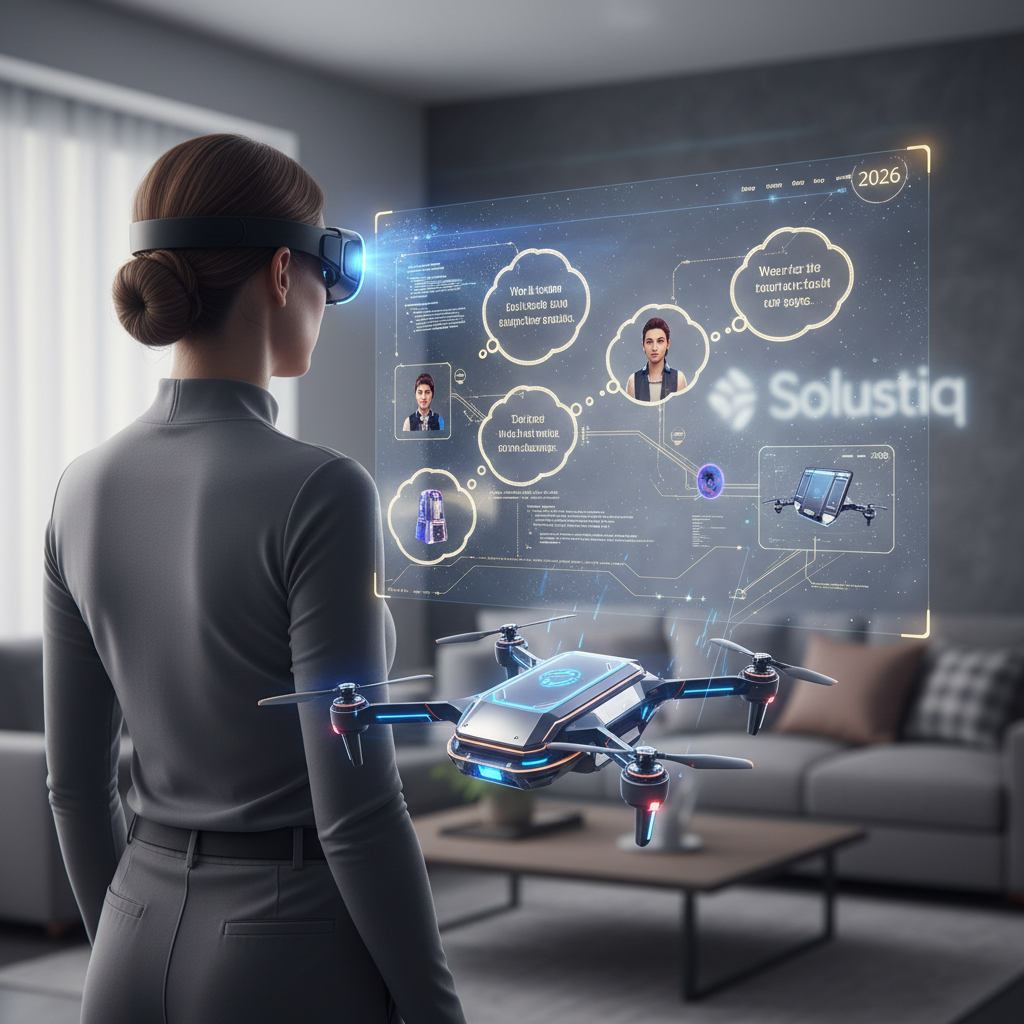 2026'da Solustiq'in YZ destekli sanal replikalar ve sürükleyici hikaye anlatımıyla dijital etkileşim vizyonunu gösteren, yapay zeka tarafından oluşturulmuş fütüristik bir arayüz.