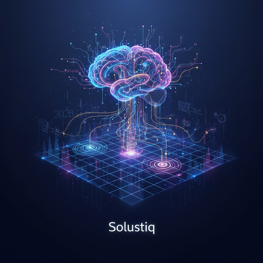 2026'da yapay zeka ile web sitelerinde adaptif gerçek zamanlı analitik ve kestirimsel bakım, Solustiq'in proaktif performans yaklaşımı, modern teknoloji ve veri analizi sembolleri içeren bir görsel.