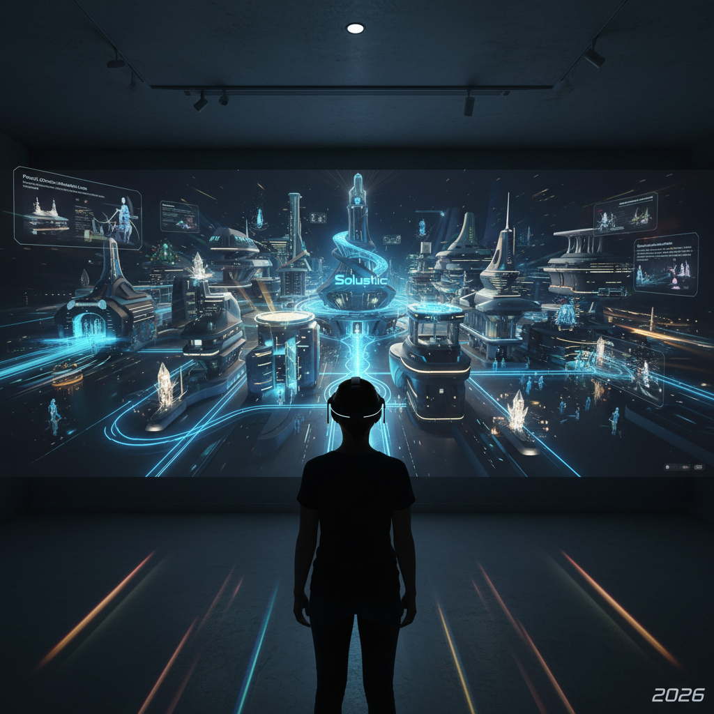 2026'da YZ destekli sürükleyici hikaye anlatıcılığı ile Solustiq'in sanal gerçeklik ve WebGL kullanarak mimarlık projelerini sunuşunu gösteren dijital bir görsel.