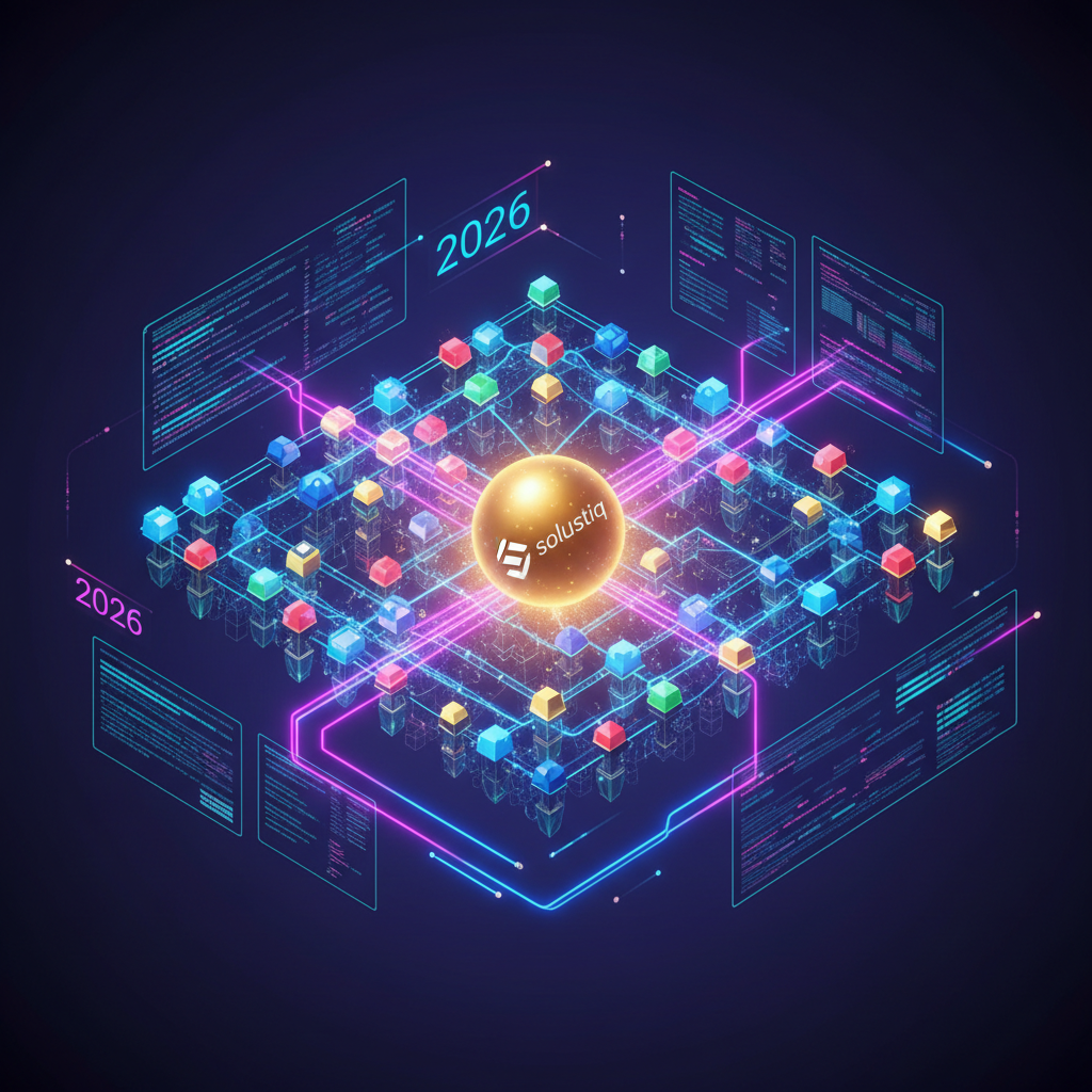 2026'da yapay zeka destekli web sitelerinde akıllı içerik sentezi ve anlamsal web entegrasyonunu gösteren, Solustiq'in bilgi ağı yaklaşımlarını vurgulayan grafik. Odak: yapay zeka içerik sentezi, anlamsal web.