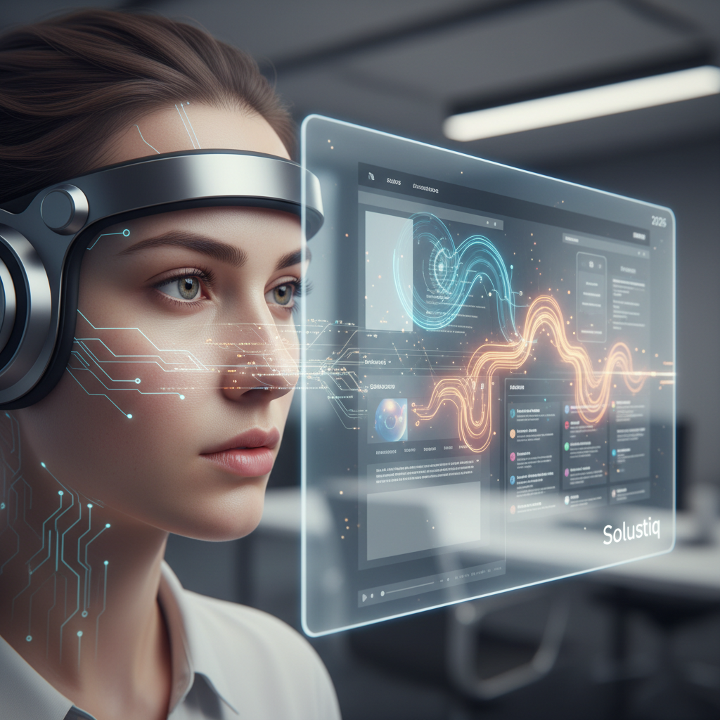 Visualizing advanced 2026 AI-powered SEO and embedded Brain-Computer Interface (BCI) integration on websites for thought-controlled experiences, exemplified by Solustiq's innovations.