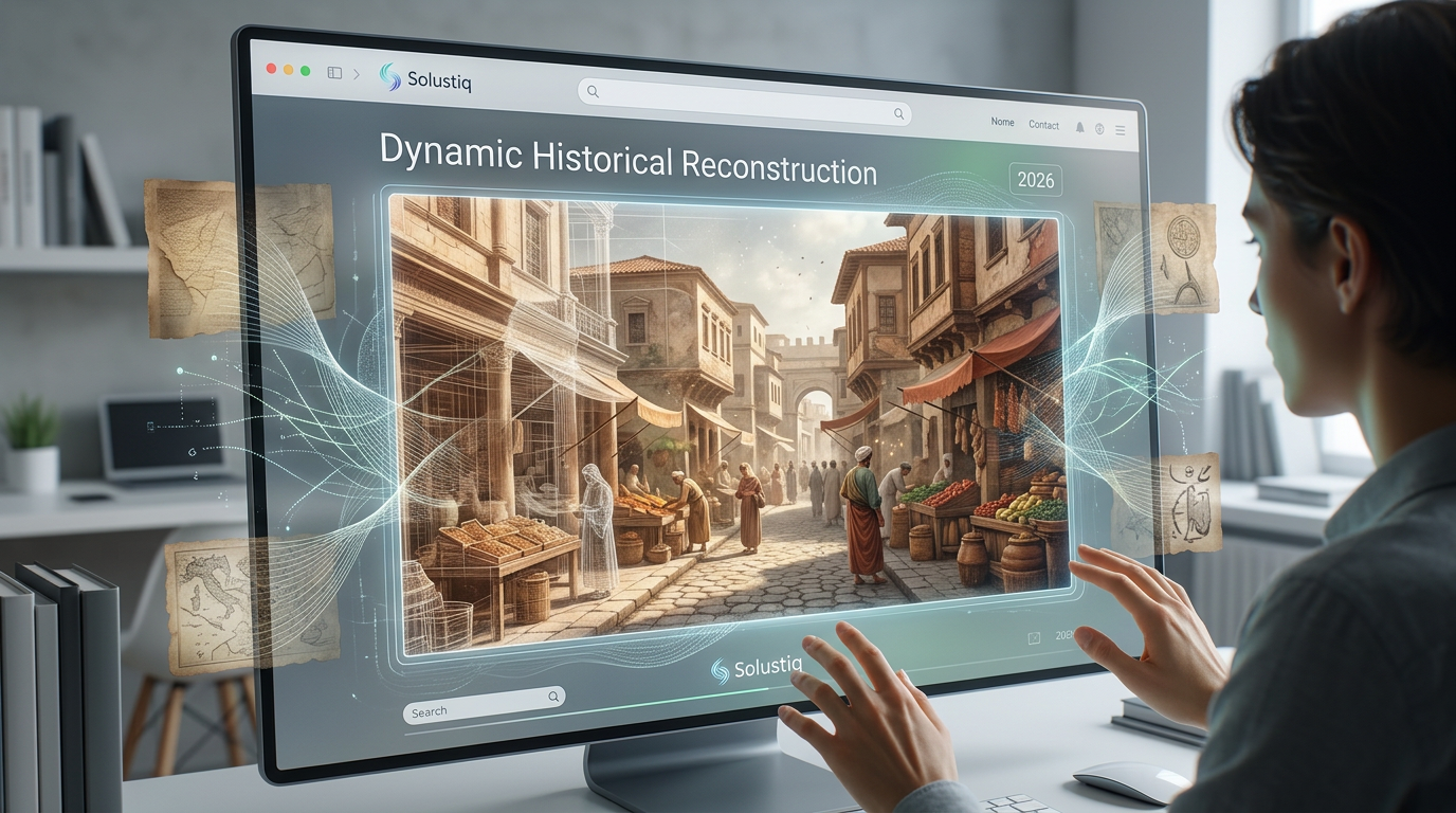 2026'da Solustiq'in yapay zeka destekli tarihi rekonstrüksiyon teknolojisiyle web sitelerinde geçmişi dinamik olarak canlandıran bir deneyim.