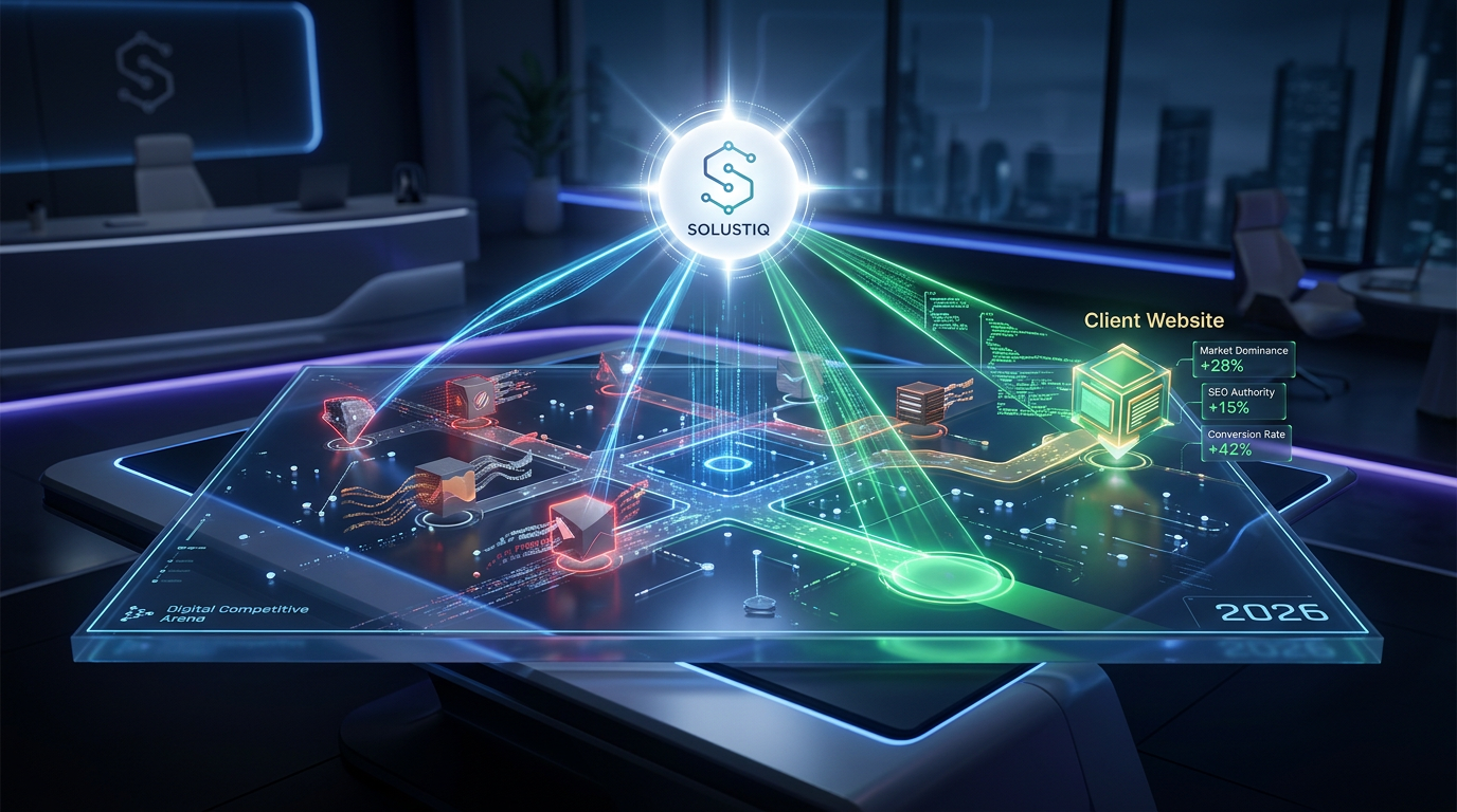 Solustiq, 2026'da yapay zeka rekabet analizi kullanarak web sitesi stratejileriyle pazar liderliği yaklaşımlarını gösteriyor.