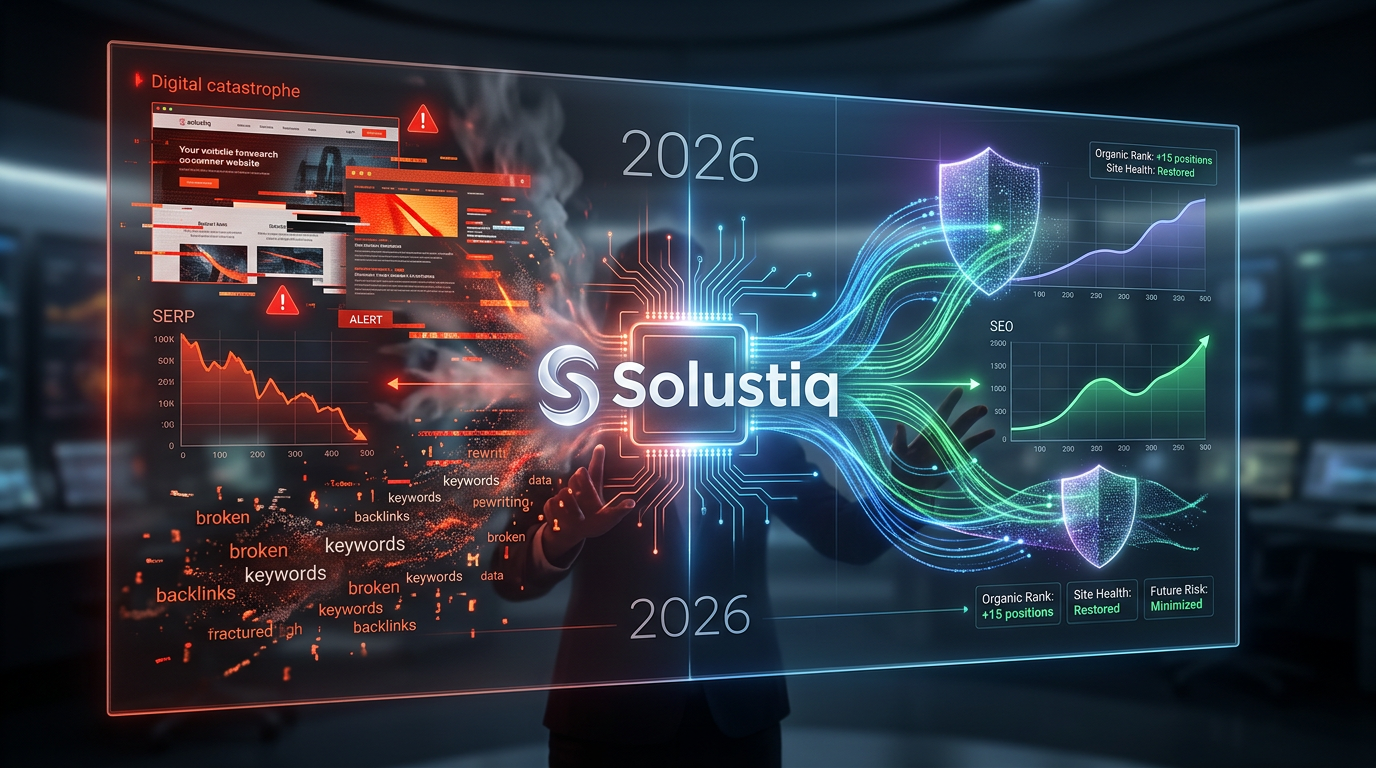 Solustiq'in 2026'da yapay zeka ile SEO felaket kurtarma stratejilerini gösteren bir görsel, proaktif kriz yönetimi vurgusuyla.