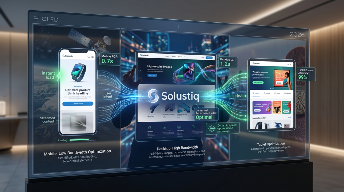 2026'da Solustiq'in yapay zeka dinamik web performansı yönetimiyle bağlamsal hız optimizasyonu, üstün site deneyimi sunuyor.