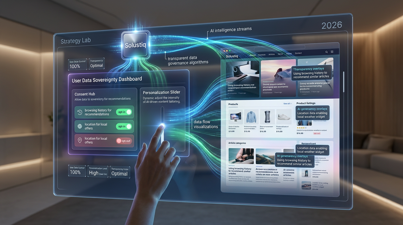 2026'da YZ destekli web sitelerinde kullanıcı veri egemenliğini güvence altına alan Solustiq'in şeffaf ve kişiselleştirilebilir dijital çözümleri.