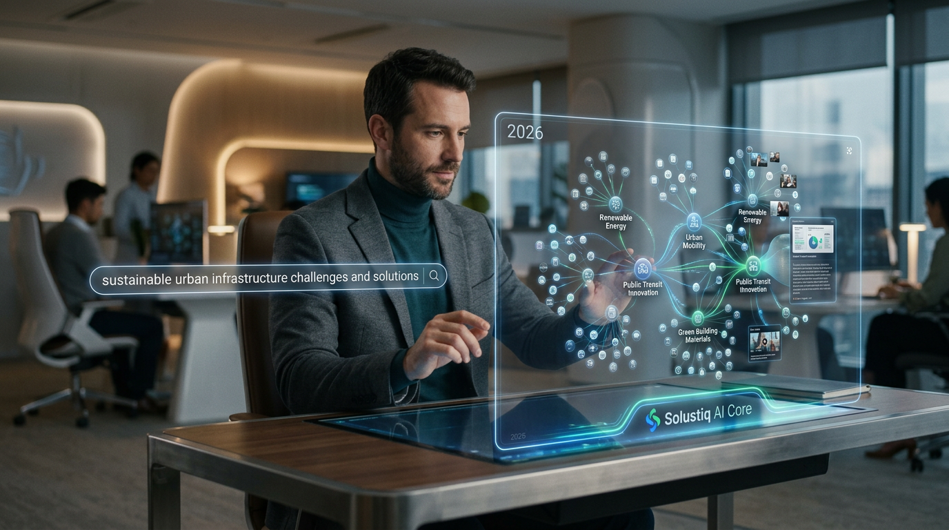 Bir kullanıcı, Solustiq'in 2026 YZ destekli iç site arama ve anlamsal bilgi keşif teknolojisiyle kolayca bilgi buluyor.