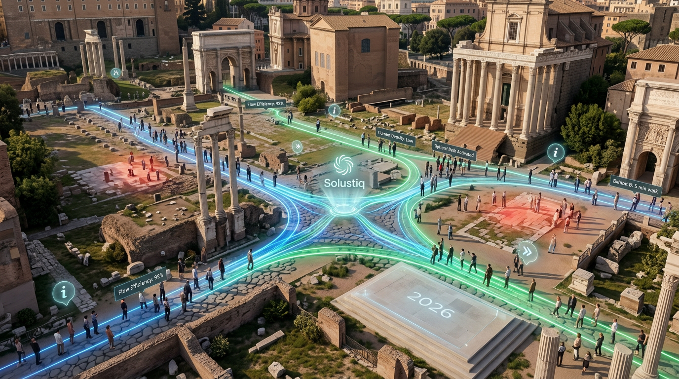 2026'da Solustiq'ten YZ fiziksel ziyaretçi optimizasyonu ile dijital miras alanlarında akıllı akış yönetimi ve ziyaretçi deneyimi iyileştirmesi.